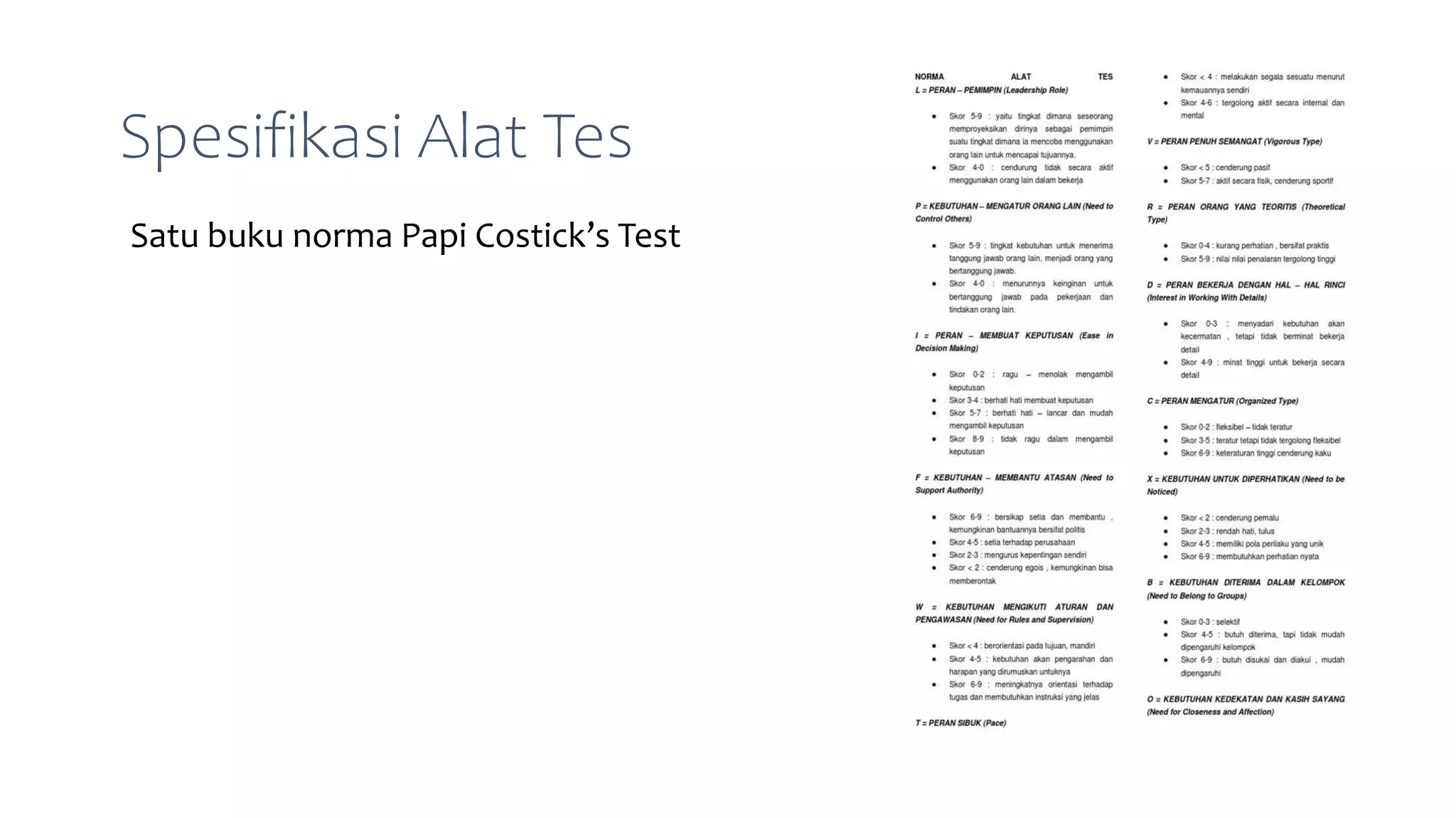 Satu buku norma Papi Costick’s Test
Spesifikasi Alat Tes
 