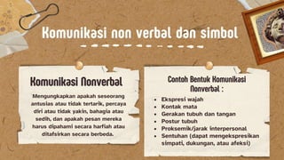 Komunikasi non verbal dan simbol
Komunikasi non verbal dan simbol
Komunikasi Nonverbal
Komunikasi Nonverbal Contoh Bentuk Komunikasi
Contoh Bentuk Komunikasi
Nonverbal :
Nonverbal :
Mengungkapkan apakah seseorang
antusias atau tidak tertarik, percaya
diri atau tidak yakin, bahagia atau
sedih, dan apakah pesan mereka
harus dipahami secara harfiah atau
ditafsirkan secara berbeda.
? Ekspresi wajah
? Kontak mata
? Gerakan tubuh dan tangan
? Postur tubuh
? Proksemik/jarak interpersonal
? Sentuhan (dapat mengekspresikan
simpati, dukungan, atau afeksi)
 