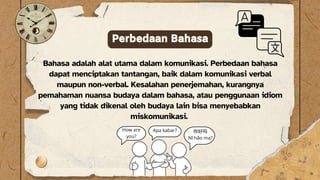 Bahasa adalah alat utama dalam komunikasi. Perbedaan bahasa
dapat menciptakan tantangan, baik dalam komunikasi verbal
maupun non-verbal. Kesalahan penerjemahan, kurangnya
pemahaman nuansa budaya dalam bahasa, atau penggunaan idiom
yang tidak dikenal oleh budaya lain bisa menyebabkan
miskomunikasi.
Perbedaan Bahasa

N ho ma?
How are
you?
Apa kabar?
 