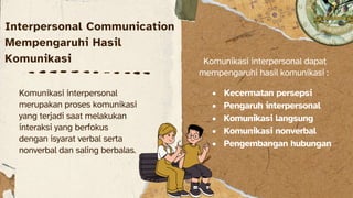 Interpersonal Communication
Mempengaruhi Hasil
Komunikasi
Komunikasi interpersonal
merupakan proses komunikasi
yang terjadi saat melakukan
interaksi yang berfokus
dengan isyarat verbal serta
nonverbal dan saling berbalas.
Komunikasi interpersonal dapat
mempengaruhi hasil komunikasi :
? Kecermatan persepsi
? Pengaruh interpersonal
? Komunikasi langsung
? Komunikasi nonverbal
? Pengembangan hubungan
 