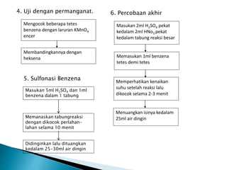 4. Uji dengan permanganat.
Mengocok beberapa tetes
benzena dengan laruran KMnO4
encer
Membandingkannya dengan
heksena
5. Sulfonasi Benzena
Masukan 5ml H2SO4 dan 1ml
benzena dalam 1 tabung
Memanaskan tabungreaksi
dengan dikocok perlahan-
lahan selama 10 menit
Didinginkan lalu dituangkan
kedalam 25-30ml air dingin
6. Percobaan akhir
Masukan 2ml H2SO4 pekat
kedalam 2ml HNo3 pekat
kedalam tabung reaksi besar
Memasukan 1ml benzena
tetes demi tetes
Memperhatikan kenaikan
suhu setelah reaksi lalu
dikocok selama 2-3 menit
Menuangkan isinya kedalam
25ml air dingin
 
