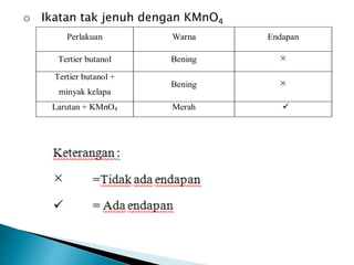 Perlakuan Warna Endapan
Tertier butanol Bening ×
Tertier butanol +
minyak kelapa
Bening ×
Larutan + KMnO4 Merah 
o Ikatan tak jenuh dengan KMnO4
 