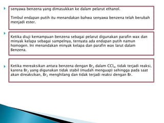 


senyawa benzena yang dimasukkan ke dalam pelarut ethanol.
Timbul endapan putih itu menandakan bahwa senyawa benzena telah berubah
menjadi ester.
Ketika diuji kemampuan benzena sebagai pelarut digunakan parafin wax dan
minyak kelapa sebagai sampelnya, ternyata ada endapan putih namun
homogen. Ini menandakan minyak kelapa dan parafin wax larut dalam
Benzena.
Ketika mereaksikan antara benzena dengan Br2 dalam CCl4, tidak terjadi reaksi,
karena Br2 yang digunakan tidak stabil (mudah menguap) sehingga pada saat
akan direaksikan, Br2 menghilang dan tidak terjadi reaksi dengan Br.
 