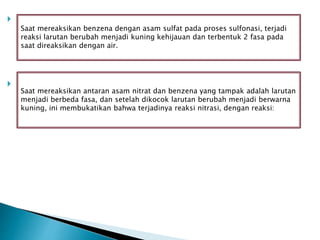

Saat mereaksikan antaran asam nitrat dan benzena yang tampak adalah larutan
menjadi berbeda fasa, dan setelah dikocok larutan berubah menjadi berwarna
kuning, ini membukatikan bahwa terjadinya reaksi nitrasi, dengan reaksi:
Saat mereaksikan benzena dengan asam sulfat pada proses sulfonasi, terjadi
reaksi larutan berubah menjadi kuning kehijauan dan terbentuk 2 fasa pada
saat direaksikan dengan air.
 