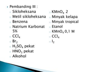 Pembanding III :
o Sikloheksana
o Metil sikloheksana
o Benzena
o Natrium Karbonat
5%
o CCl4
o Br2
o H2SO4 pekat
o HNO3 pekat
o Alkohol
o KMnO4 2
o Minyak kelapa
o Minyak tropical
o Etanol
o KMnO4 0,1 M
o CCl4
o I2
 