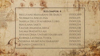 Kelompok 4
Mellyani Maharani Br Barus 151501209
Nurmaya Angelina 151501219
Nabila Deli Syafarina Lubis 151501226
Maulana Sakti 151501234
Faizar Ananda Arfa 151501238
Salma Iradatillah 151501242
Afifah Dhia Untari Hasibuan 151501245
Kurnia Lavinda Yusfa 151501247
Nisrina Mumtaza Harahap 151501255
R Sandi Christie S 151501258
 