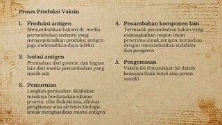 Proses Produksi Vaksin
1. Produksi antigen
Menumbuhkan bakteri di media
pertumbuhan tertentu yang
mengoptimalkan produksi antigen
juga melemahkan daya infeksi
2. Isolasi antigen
Pemisahan dari protein dan bagian
lain dari media pertumbuhan yang
masih ada
3. Pemurnian
Langkah pemisahan dilakukan
misalnya berdasarkan ukuran
protein, sifat fisikokimia, afinitas
pengikatan atau aktivitas biologis
untuk menghasilkan murni antigen
4. Penambahan komponen lain
Termasuk penambahan bahan yang
meningkatkan respon imun
penerima untuk antigen, kemudian
dengan menambahkan stabilizer
dan pengawet
5. Pengemasan
Vaksin ini dimasukkan ke dalam
kemasan (baik botol atau jarum
suntik)
 