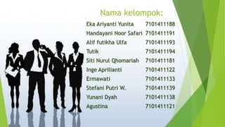 Nama kelompok:
Eka Ariyanti Yunita 7101411188
Handayani Noor Safari 7101411191
Alif futikha Ulfa 7101411193
Tutik 7101411194
Siti Nurul Qhomariah 7101411181
Inge Aprilianti 7101411122
Ermawati 7101411133
Stefani Putri W. 7101411139
Yunani Dyah 7101411138
Agustina 7101411121
 