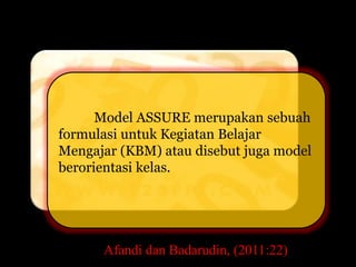 Model ASSURE merupakan sebuah 
formulasi untuk Kegiatan s 
Belajar 
Mengajar (KBM) atau disebut juga model 
berorientasi kelas. 
Afandi dan Badarudin, (2011:22) 
 