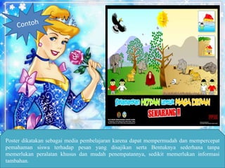 Poster dikatakan sebagai media pembelajaran karena dapat mempermudah dan mempercepat
pemahaman siswa terhadap pesan yang disajikan serta Bentuknya sederhana tanpa
memerlukan peralatan khusus dan mudah penempatannya, sedikit memerlukan informasi
tambahan.
 