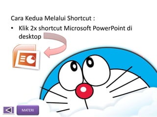 Cara Kedua Melalui Shortcut :
• Klik 2x shortcut Microsoft PowerPoint di
desktop
MATERI
 