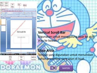 Vertical Scroll Bar
Digunakan untuk menggulung layar ke atas
atau ke bawah.
ݺߣ Area
Tempat yang digunakan untuk menuliskan
bahan presentasi yang akan di buat.
MATERI
 