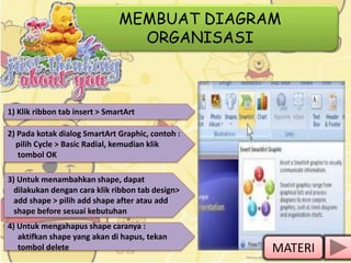 MEMBUAT DIAGRAM
ORGANISASI
1) Klik ribbon tab insert > SmartArt
2) Pada kotak dialog SmartArt Graphic, contoh :
pilih Cycle > Basic Radial, kemudian klik
tombol OK
3) Untuk menambahkan shape, dapat
dilakukan dengan cara klik ribbon tab design>
add shape > pilih add shape after atau add
shape before sesuai kebutuhan
4) Untuk mengahapus shape caranya :
aktifkan shape yang akan di hapus, tekan
tombol delete MATERI
 