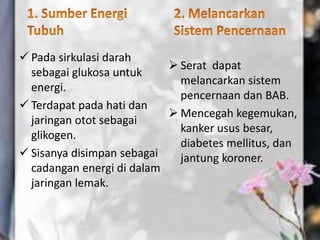  Pada sirkulasi darah
sebagai glukosa untuk
energi.
 Terdapat pada hati dan
jaringan otot sebagai
glikogen.
 Sisanya disimpan sebagai
cadangan energi di dalam
jaringan lemak.
 Serat dapat
melancarkan sistem
pencernaan dan BAB.
 Mencegah kegemukan,
kanker usus besar,
diabetes mellitus, dan
jantung koroner.
 
