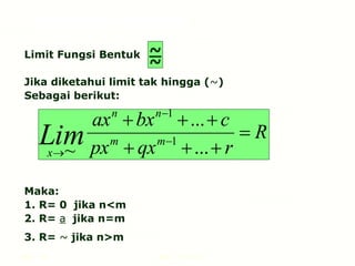 Hal.: 13 LIMIT FUNGSI
Limit Fungsi Bentuk
Jika diketahui limit tak hingga (~)
Sebagai berikut:
Maka:
1. R= 0 jika n<m
2. R= a jika n=m
3. R= ~ jika n>m
~
~
R
r
qx
px
c
bx
ax
m
m
n
n
x
Lim 








 ...
...
~
1
1
LIMIT FUNGSI ALJABAR
 