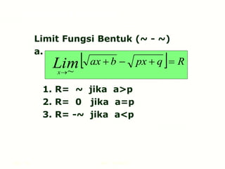 Hal.: 14 LIMIT FUNGSI
Limit Fungsi Bentuk (~ - ~)
a.
1. R= ~ jika a>p
2. R= 0 jika a=p
3. R= -~ jika a<p
  R
q
px
b
ax
Lim
x




~
LIMIT FUNGSI ALJABAR
 