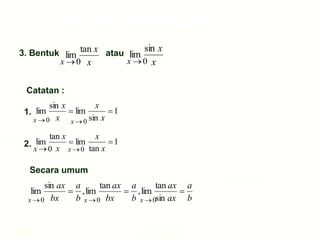 Hal.: 24 LIMIT FUNGSI
Limit Fungsi Trigonometri
3. Bentuk atau
x
x
sin
lim
x
x
tan
lim
0

x 0

x
Catatan :
1.
2.
1
sin
lim
sin
lim 

x
x
x
x
1
tan
lim
tan
lim 

x
x
x
x
Secara umum
b
a
ax
ax
b
a
bx
ax
b
a
bx
ax



sin
tan
lim
,
tan
lim
,
sin
lim
0

x
0

x
0

x
0

x 0

x
0

x
0

x
 
