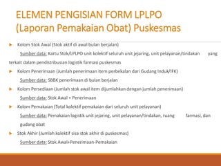 ELEMEN PENGISIAN FORM LPLPO
(Laporan Pemakaian Obat) Puskesmas
 Kolom Stok Awal (Stok aktif di awal bulan berjalan)
Sumber data: Kartu Stok/LPLPO unit kolektif seluruh unit jejaring, unit pelayanan/tindakan yang
terkait dalam pendistribusian logistik farmasi puskesmas
 Kolom Penerimaan (Jumlah penerimaan item perbekalan dari Gudang Induk/IFK)
Sumber data: SBBK penerimaan di bulan berjalan
 Kolom Persediaan (Jumlah stok awal item dijumlahkan dengan jumlah penerimaan)
Sumber data: Stok Awal + Penerimaan
 Kolom Pemakaian (Total kolektif pemakaian dari seluruh unit pelayanan)
Sumber data: Pemakaian logistik unit jejaring, unit pelayanan/tindakan, ruang farmasi, dan
gudang obat
 Stok Akhir (Jumlah kolektif sisa stok akhir di puskesmas)
Sumber data: Stok Awal+Penerimaan-Pemakaian
 
