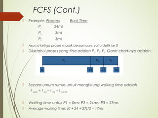 FCFS (Cont.)
 Example: Process Burst Time
P1 24ms
P2 3ms
P3 3ms
 Asumsi ketiga proses masuk bersamaan, yaitu detik ke 0
 Diketahui proses yang tiba adalah P1, P2, P3. Gantt chart-nya adalah :
 Secara umum rumus untuk menghitung waiting time adalah
t waiting = t end – t start – t burst time
 Waiting time untuk P1 = 0ms; P2 = 24ms; P3 = 27ms
 Average waiting time: (0 + 24 + 27)/3 = 17ms
 