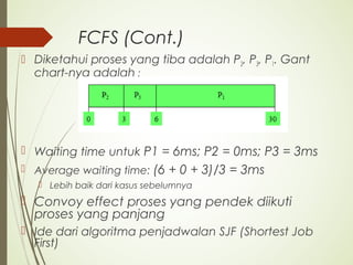 FCFS (Cont.)
 Diketahui proses yang tiba adalah P2, P3, P1. Gant
chart-nya adalah :
 Waiting time untuk P1 = 6ms; P2 = 0ms; P3 = 3ms
 Average waiting time: (6 + 0 + 3)/3 = 3ms
 Lebih baik dari kasus sebelumnya
 Convoy effect proses yang pendek diikuti
proses yang panjang
 Ide dari algoritma penjadwalan SJF (Shortest Job
First)
 