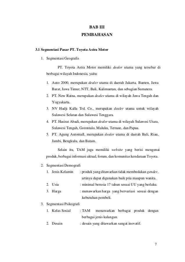 Analisis Manajemen Pemasaran Pada Pt Toyota Astra Motor Makalah