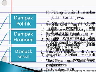 Dampak
Politik
Dampak
Sosial
Dampak
Ekonomi
1) Amerika Serikat dan Uni Soviet
menjadi dua negara besar.
2) Perebutan pengaruh antara
Amerika Serikat (blok barat-
NATO) dan Uni Soviet (blok
timur-Pakta Warsawa).
3) Hancurnya imperialis di Asia-
Afrika.
4) Munculnya negara-negara baru
yang merdeka.
5) Terbentuknya PBB
1) Ekonomi dunia mengalami
kemerosotan/kerusakan.
2) Sarana dan prasarana
(gedung, jembatan, jalan
raya dll) hancur.
3) Amerika Serikat menjadi
negara penyumbang
pinjaman.
1) Perang Dunia II menelan
jutaan korban jiwa.
2) Kemiskinan, kelaparan
dan penyakit ada
dimana-mana.
3) Ilmu pengetahuan dan
teknologi berkembang
pesat.
 