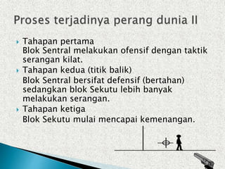  Tahapan pertama
Blok Sentral melakukan ofensif dengan taktik
serangan kilat.
 Tahapan kedua (titik balik)
Blok Sentral bersifat defensif (bertahan)
sedangkan blok Sekutu lebih banyak
melakukan serangan.
 Tahapan ketiga
Blok Sekutu mulai mencapai kemenangan.
 