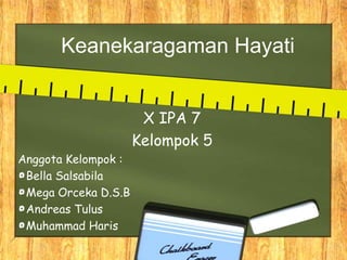 X IPA 7
Kelompok 5
Anggota Kelompok :
Bella Salsabila
Mega Orceka D.S.B
Andreas Tulus
Muhammad Haris
Keanekaragaman Hayati
 