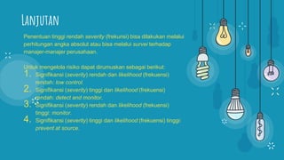 Lanjutan
Penentuan tinggi rendah severity (frekunsi) bisa dilakukan melalui
perhitungan angka absolut atau bisa melalui survei terhadap
manajer-manajer perusahaan.
Untuk mengelola risiko dapat dirumuskan sebagai berikut:
1. Signifikansi (severity) rendah dan likelihood (frekuensi)
rendah: low control.
2. Signifikansi (severity) tinggi dan likelihood (frekuensi)
rendah: detect and monitor.
3. Signifikansi (severity) rendah dan likelihood (frekuensi)
tinggi: monitor.
4. Signifikansi (severity) tinggi dan likelihood (frekuensi) tinggi:
prevent at source.
 