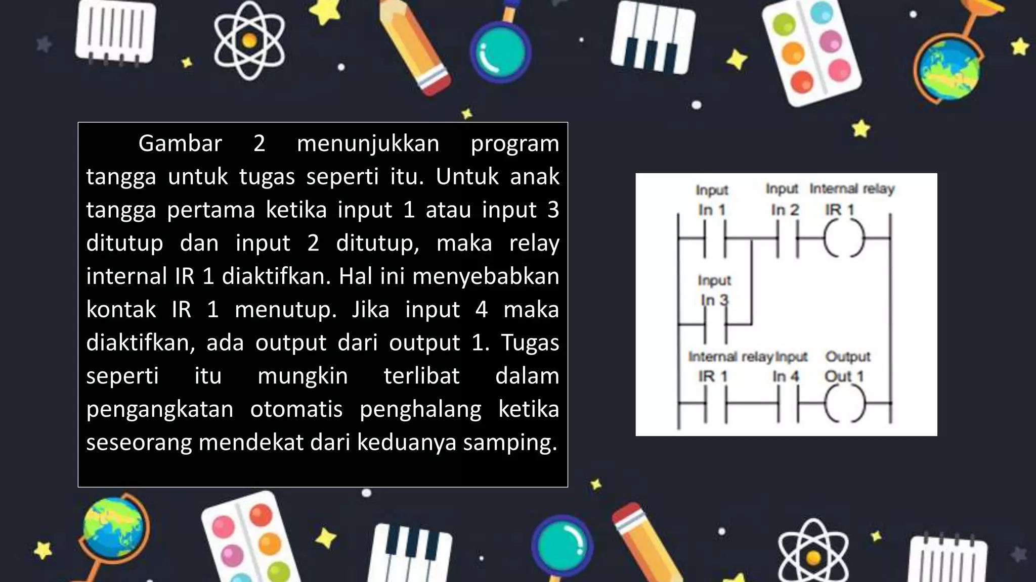 Gambar 2 menunjukkan program
tangga untuk tugas seperti itu. Untuk anak
tangga pertama ketika input 1 atau input 3
ditutup dan input 2 ditutup, maka relay
internal IR 1 diaktifkan. Hal ini menyebabkan
kontak IR 1 menutup. Jika input 4 maka
diaktifkan, ada output dari output 1. Tugas
seperti itu mungkin terlibat dalam
pengangkatan otomatis penghalang ketika
seseorang mendekat dari keduanya samping.
 
