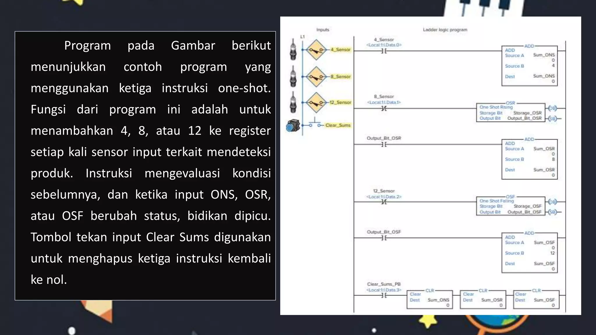 Program pada Gambar berikut
menunjukkan contoh program yang
menggunakan ketiga instruksi one-shot.
Fungsi dari program ini adalah untuk
menambahkan 4, 8, atau 12 ke register
setiap kali sensor input terkait mendeteksi
produk. Instruksi mengevaluasi kondisi
sebelumnya, dan ketika input ONS, OSR,
atau OSF berubah status, bidikan dipicu.
Tombol tekan input Clear Sums digunakan
untuk menghapus ketiga instruksi kembali
ke nol.
 