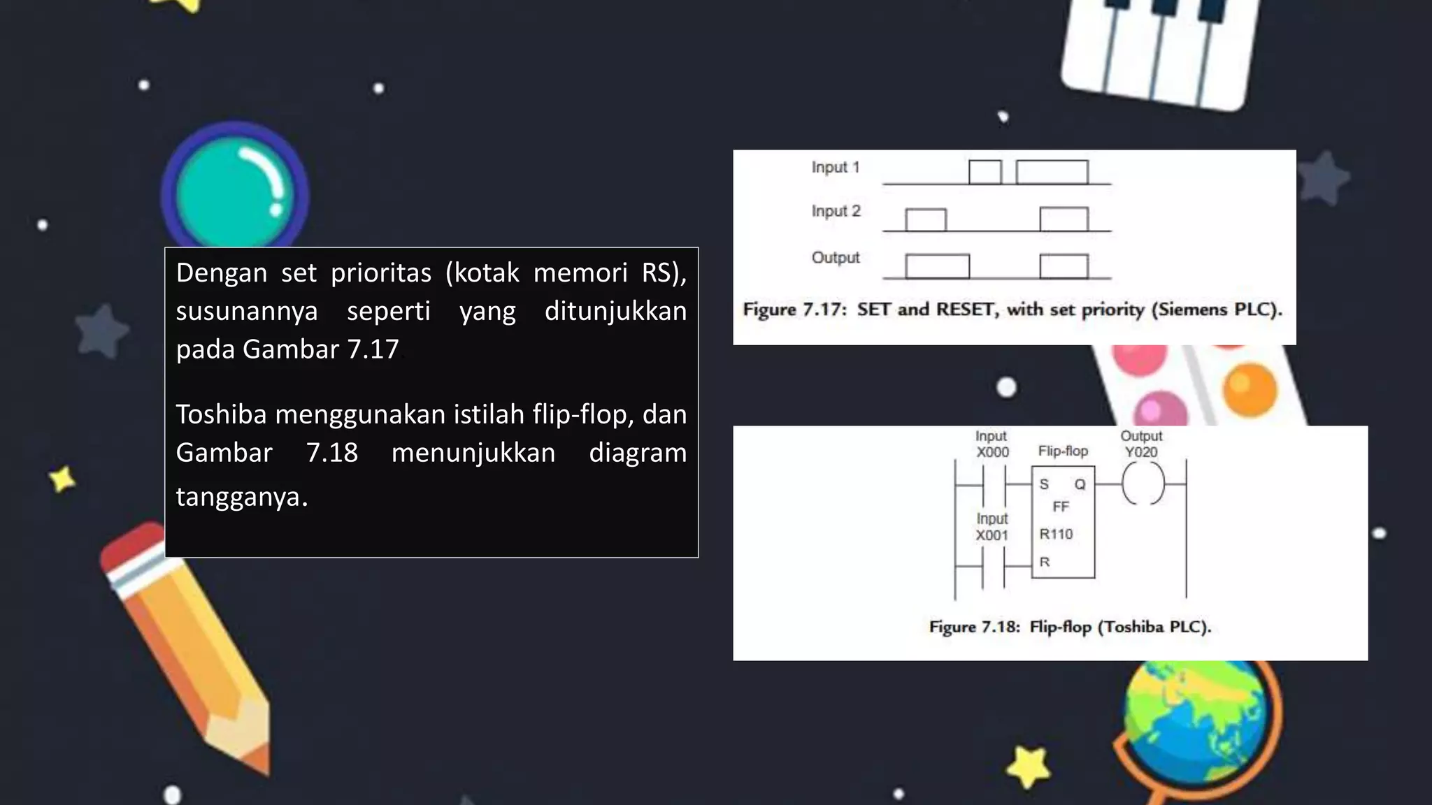 Dengan set prioritas (kotak memori RS),
susunannya seperti yang ditunjukkan
pada Gambar 7.17.
Toshiba menggunakan istilah flip-flop, dan
Gambar 7.18 menunjukkan diagram
tangganya.
 