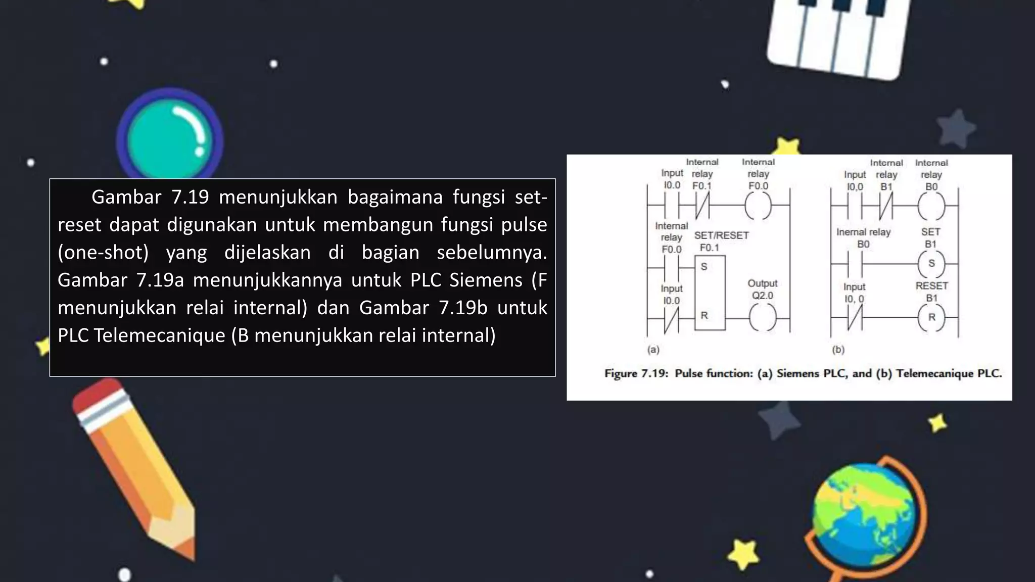 Gambar 7.19 menunjukkan bagaimana fungsi set-
reset dapat digunakan untuk membangun fungsi pulse
(one-shot) yang dijelaskan di bagian sebelumnya.
Gambar 7.19a menunjukkannya untuk PLC Siemens (F
menunjukkan relai internal) dan Gambar 7.19b untuk
PLC Telemecanique (B menunjukkan relai internal)
 