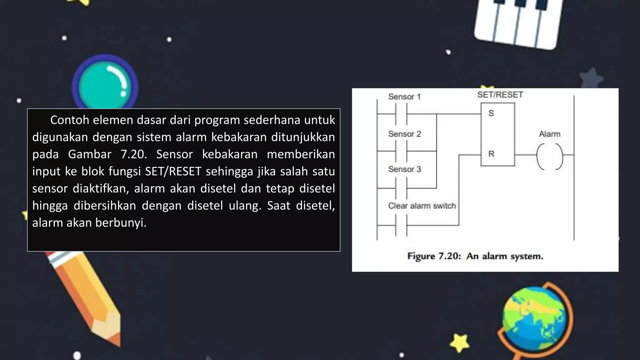 Contoh elemen dasar dari program sederhana untuk
digunakan dengan sistem alarm kebakaran ditunjukkan
pada Gambar 7.20. Sensor kebakaran memberikan
input ke blok fungsi SET/RESET sehingga jika salah satu
sensor diaktifkan, alarm akan disetel dan tetap disetel
hingga dibersihkan dengan disetel ulang. Saat disetel,
alarm akan berbunyi.
 