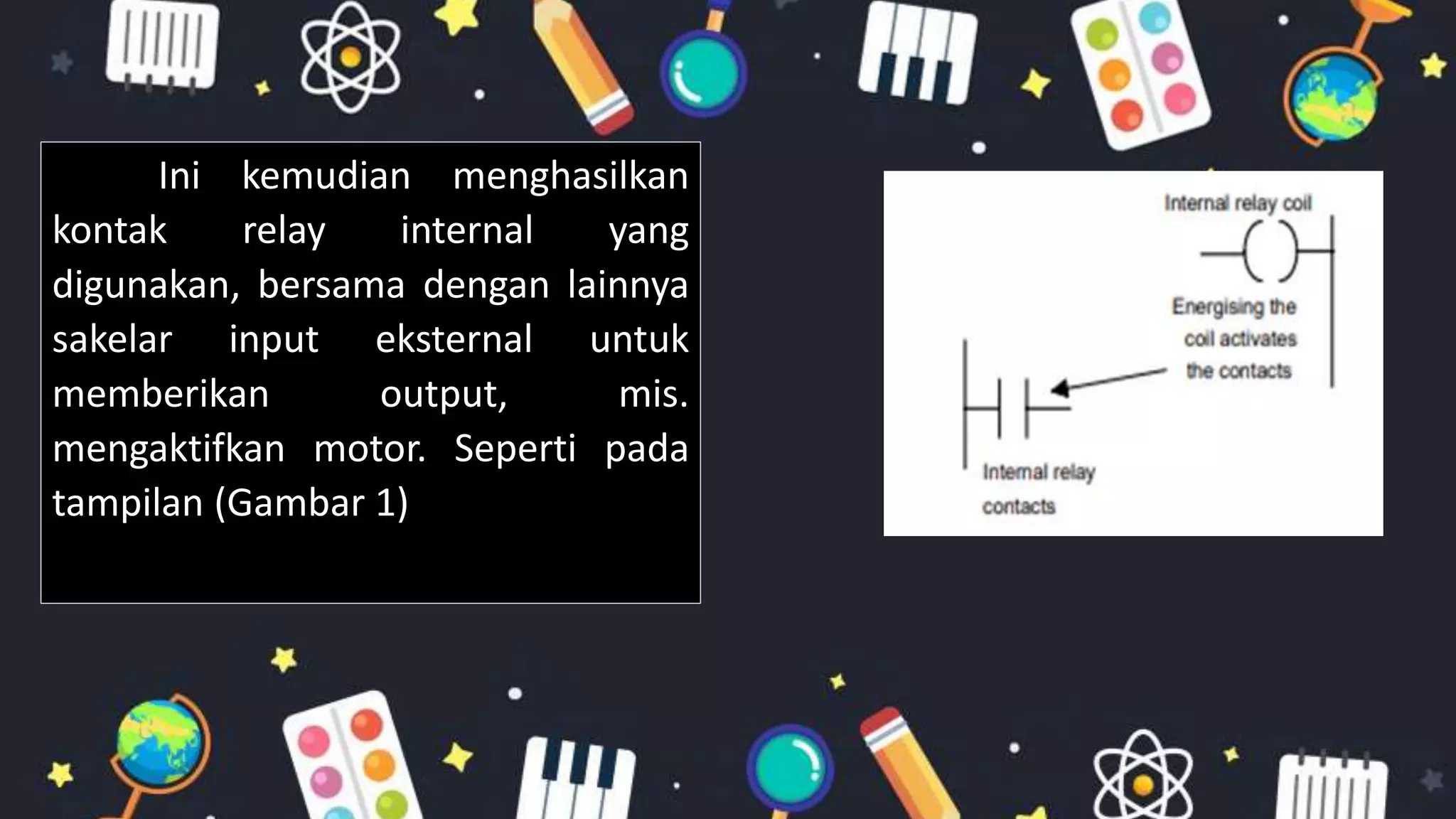 Ini kemudian menghasilkan
kontak relay internal yang
digunakan, bersama dengan lainnya
sakelar input eksternal untuk
memberikan output, mis.
mengaktifkan motor. Seperti pada
tampilan (Gambar 1)
 