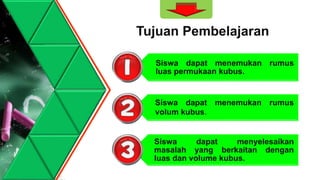 Tujuan Pembelajaran
Siswa dapat menemukan rumus
luas permukaan kubus.
Siswa dapat menemukan rumus
volum kubus.
Siswa dapat menyelesaikan
masalah yang berkaitan dengan
luas dan volume kubus.
 