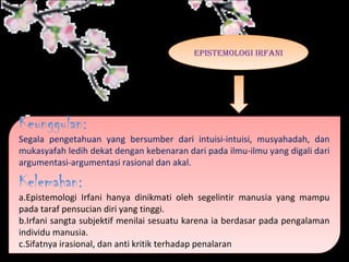 EPISTEMOLOGI IRfANIEPISTEMOLOGI IRfANI
Keunggulan:
Segala pengetahuan yang bersumber dari intuisi-intuisi, musyahadah, dan
mukasyafah ledih dekat dengan kebenaran dari pada ilmu-ilmu yang digali dari
argumentasi-argumentasi rasional dan akal.
Kelemahan:
a.Epistemologi Irfani hanya dinikmati oleh segelintir manusia yang mampu
pada taraf pensucian diri yang tinggi.
b.Irfani sangta subjektif menilai sesuatu karena ia berdasar pada pengalaman
individu manusia.
c.Sifatnya irasional, dan anti kritik terhadap penalaran
Keunggulan:
Segala pengetahuan yang bersumber dari intuisi-intuisi, musyahadah, dan
mukasyafah ledih dekat dengan kebenaran dari pada ilmu-ilmu yang digali dari
argumentasi-argumentasi rasional dan akal.
Kelemahan:
a.Epistemologi Irfani hanya dinikmati oleh segelintir manusia yang mampu
pada taraf pensucian diri yang tinggi.
b.Irfani sangta subjektif menilai sesuatu karena ia berdasar pada pengalaman
individu manusia.
c.Sifatnya irasional, dan anti kritik terhadap penalaran
 