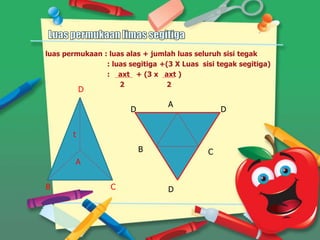 luas permukaan : luas alas + jumlah luas seluruh sisi tegak
: luas segitiga +(3 X Luas sisi tegak segitiga)
: axt + (3 x axt )
2 2
B
A
D
C
t
A
DD
B C
D
 