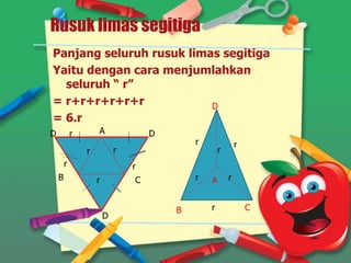 Rusuk limas segitiga
Panjang seluruh rusuk limas segitiga
Yaitu dengan cara menjumlahkan
seluruh “ r”
= r+r+r+r+r+r
= 6.r
AD
B C
D
Dr
r
r
r
r
r
B
A
D
C
r
r
r
rr
r
 