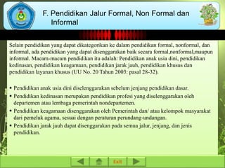 F. Pendidikan Jalur Formal, Non Formal dan 
Informal 
Selain pendidikan yang dapat dikategorikan ke dalam pendidikan formal, nonformal, dan 
informal, ada pendidikan yang dapat disenggarakan baik secara formal,nonformal,maupun 
informal. Macam-macam pendidikan itu adalah: Pendidikan anak usia dini, pendidikan 
kedinasan, pendidikan keagamaan, pendidikan jarak jauh, pendidikan khusus dan 
pendidikan layanan khusus (UU No. 20 Tahun 2003: pasal 28-32). 
 Pendidikan anak usia dini diselenggarakan sebelum jenjang pendidikan dasar. 
 Pendidikan kedinasan merupakan pendidikan profesi yang diselenggarakan oleh 
departemen atau lembaga pemerintah nondepartemen. 
 Pendidikan keagamaan disenggarakan oleh Pemerintah dan/ atau kelompok masyarakat 
dari pemeluk agama, sesuai dengan peraturan perundang-undangan. 
 Pendidikan jarak jauh dapat disenggarakan pada semua jalur, jenjang, dan jenis 
pendidikan. 
Exit 
 