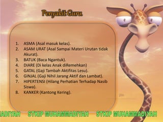 1. ASMA (Asal masuk kelas). 
2. ASAM URAT (Asal Sampai Materi Urutan tidak 
Akurat). 
3. BATUK (Baca Ngantuk). 
4. DIARE (Di kelas Anak diRemehkan) 
5. GATAL (Gaji Tambah Aktifitas Lesu). 
6. GINJAL (Gaji Nihil Jarang Aktif dan Lambat). 
7. HIPERTENSI (Hilang Perhatian Terhadap Nasib 
Siswa). 
8. KANKER (Kantong Kering). 
 