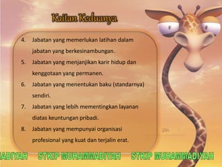 4. Jabatan yang memerlukan latihan dalam 
jabatan yang berkesinambungan. 
5. Jabatan yang menjanjikan karir hidup dan 
kenggotaan yang permanen. 
6. Jabatan yang menentukan baku (standarnya) 
sendiri. 
7. Jabatan yang lebih mementingkan layanan 
diatas keuntungan pribadi. 
8. Jabatan yang mempunyai organisasi 
profesional yang kuat dan terjalin erat. 
 