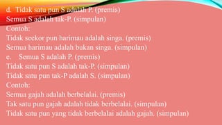 d. Tidak satu pun S adalah P. (premis)
Semua S adalah tak-P. (simpulan)
Contoh:
Tidak seekor pun harimau adalah singa. (premis)
Semua harimau adalah bukan singa. (simpulan)
e. Semua S adalah P. (premis)
Tidak satu pun S adalah tak-P. (simpulan)
Tidak satu pun tak-P adalah S. (simpulan)
Contoh:
Semua gajah adalah berbelalai. (premis)
Tak satu pun gajah adalah tidak berbelalai. (simpulan)
Tidak satu pun yang tidak berbelalai adalah gajah. (simpulan)
 
