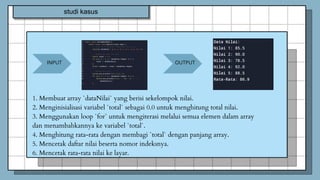 studi kasus
INPUT
1. Membuat array `dataNilai` yang berisi sekelompok nilai.
2. Menginisialisasi variabel `total` sebagai 0.0 untuk menghitung total nilai.
3. Menggunakan loop `for` untuk mengiterasi melalui semua elemen dalam array
dan menambahkannya ke variabel `total`.
4. Menghitung rata-rata dengan membagi `total` dengan panjang array.
5. Mencetak daftar nilai beserta nomor indeksnya.
6. Mencetak rata-rata nilai ke layar.
OUTPUT
 