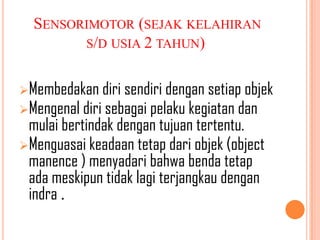 SENSORIMOTOR (SEJAK KELAHIRAN
S/D USIA 2 TAHUN)
Membedakan diri sendiri dengan setiap objek
Mengenal diri sebagai pelaku kegiatan dan

mulai bertindak dengan tujuan tertentu.
Menguasai keadaan tetap dari objek (object
manence ) menyadari bahwa benda tetap
ada meskipun tidak lagi terjangkau dengan
indra .

 