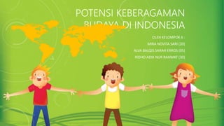 POTENSI KEBERAGAMAN
BUDAYA DI INDONESIA
OLEH KELOMPOK 6 :
MIRA NOVITA SARI (20)
ALVA BALQIS SARAH ERROS (05)
RIDHO ADIK NUR RAHMAT (30)
 