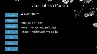 Ciri Bahasa
Struktur
Jenis
Contoh
Pegertian
Ciri Pantun
Lainnya
 Nada/bunyi
Rima dan Ritme
Rima = Pengulangan Bunyi
Ritme = Naik turunnya nada
Ciri Bahasa Pantun
 