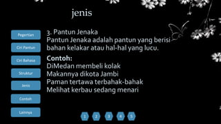Ciri Bahasa
Struktur
Jenis
Contoh
Pegertian
Ciri Pantun
Lainnya
3. Pantun Jenaka
Pantun Jenaka adalah pantun yang berisi
bahan kelakar atau hal-hal yang lucu.
Contoh:
DiMedan membeli kolak
Makannya dikota Jambi
Paman tertawa terbahak-bahak
Melihat kerbau sedang menari
jenis
1 52 3 4
 