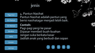 Ciri Bahasa
Struktur
Jenis
Contoh
Pegertian
Ciri Pantun
Lainnya
4. Pantun Nasihat
Pantun Nasihat adalah pantun yang
berisi nasihatagar menjadi lebih baik.
Contoh:
Pagi-pagi pergi ke pasar
Dipasar membeli buah-buahan
Jangan suka berkata kasar
Jadilah anak yang berbudi dan sopan
jenis
1 52 3 4
 