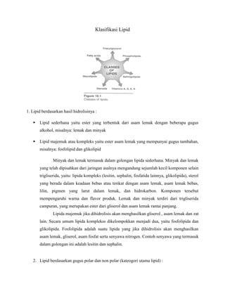 Klasifikasi Lipid
1. Lipid berdasarkan hasil hidrolisinya :
 Lipid sederhana yaitu ester yang terbentuk dari asam lemak dengan beberapa gugus
alkohol, misalnya: lemak dan minyak
 Lipid majemuk atau kompleks yaitu ester asam lemak yang mempunyai gugus tambahan,
misalnya: fosfolipid dan glikolipid
Minyak dan lemak termasuk dalam golongan lipida sederhana. Minyak dan lemak
yang telah dipisahkan dari jaringan asalnya mengandung sejumlah kecil komponen selain
trigliserida, yaitu: lipida kompleks (lesitin, sephalin, fosfatida lainnya, glikolipida), sterol
yang berada dalam keadaan bebas atau terikat dengan asam lemak, asam lemak bebas,
lilin, pigmen yang larut dalam lemak, dan hidrokarbon. Komponen tersebut
mempengaruhi warna dan flavor produk. Lemak dan minyak terdiri dari trigliserida
campuran, yang merupakan ester dari gliserol dan asam lemak rantai panjang.
Lipida majemuk jika dihidrolisis akan menghasilkan gliserol , asam lemak dan zat
lain. Secara umum lipida komplekss dikelompokkan menjadi dua, yaitu fosfolipida dan
glikolipida. Fosfolipida adalah suatu lipida yang jika dihidrolisis akan menghasilkan
asam lemak, gliserol, asam fosfat serta senyawa nitrogen. Contoh senyawa yang termasuk
dalam golongan ini adalah lesitin dan sephalin.
2. Lipid berdasarkan gugus polar dan non polar (kateogori utama lipid) :
 
